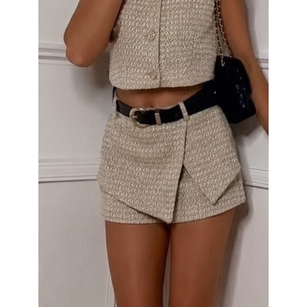 NWT Zara Tweed Shorts Belted‎ Gold Metallic Boucle Textured Preppy Sz L Parisian